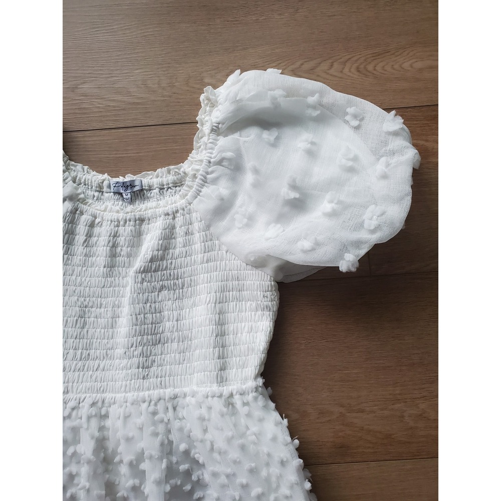Polagram White Dot Smocked w/ Puff Sleeve Midi Dress Womens Medium NWT - Picture 7 of 16